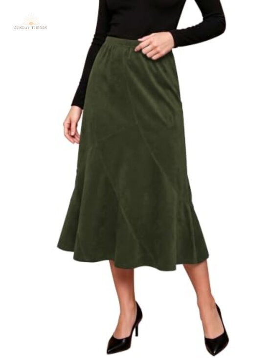 Dresses & Skirts - Faux Suede High Waisted A-Line Midi Skirt Pull-On Elastic Waist